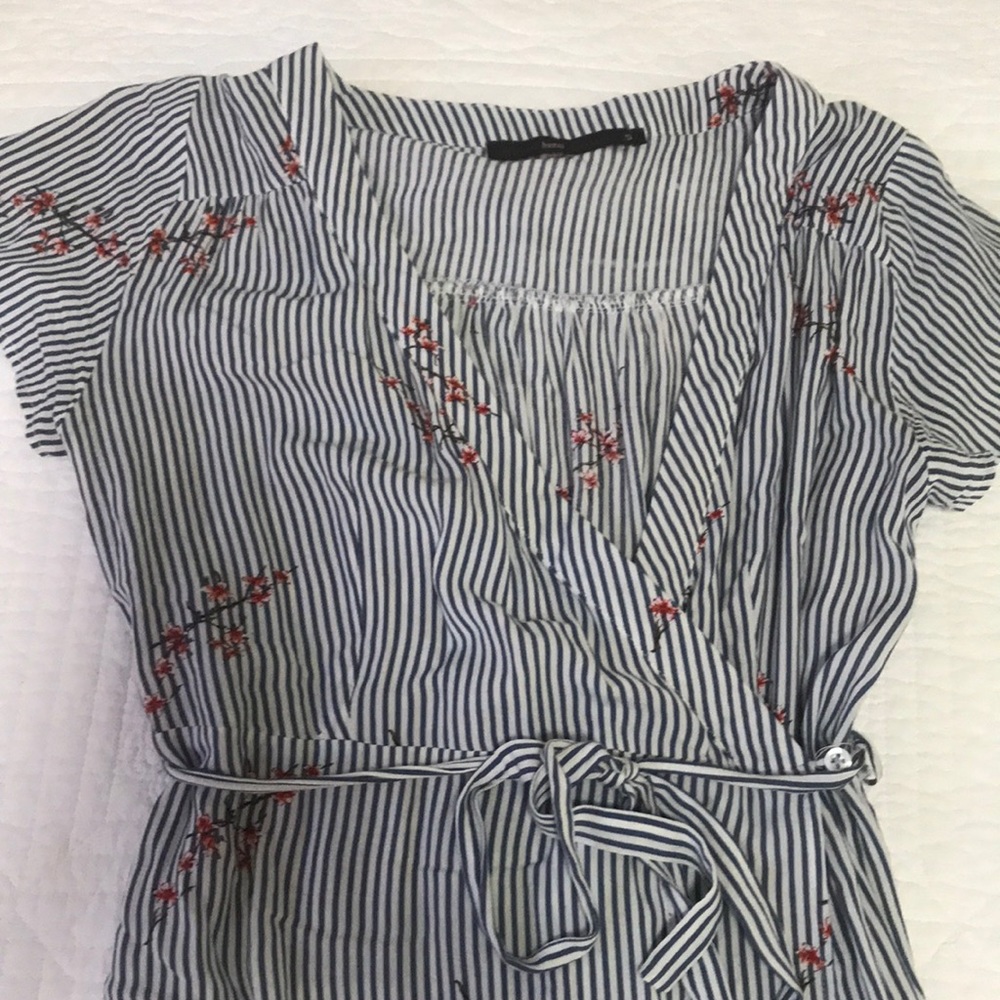 Hazel midi wrap dress blue white stripes w/ floral